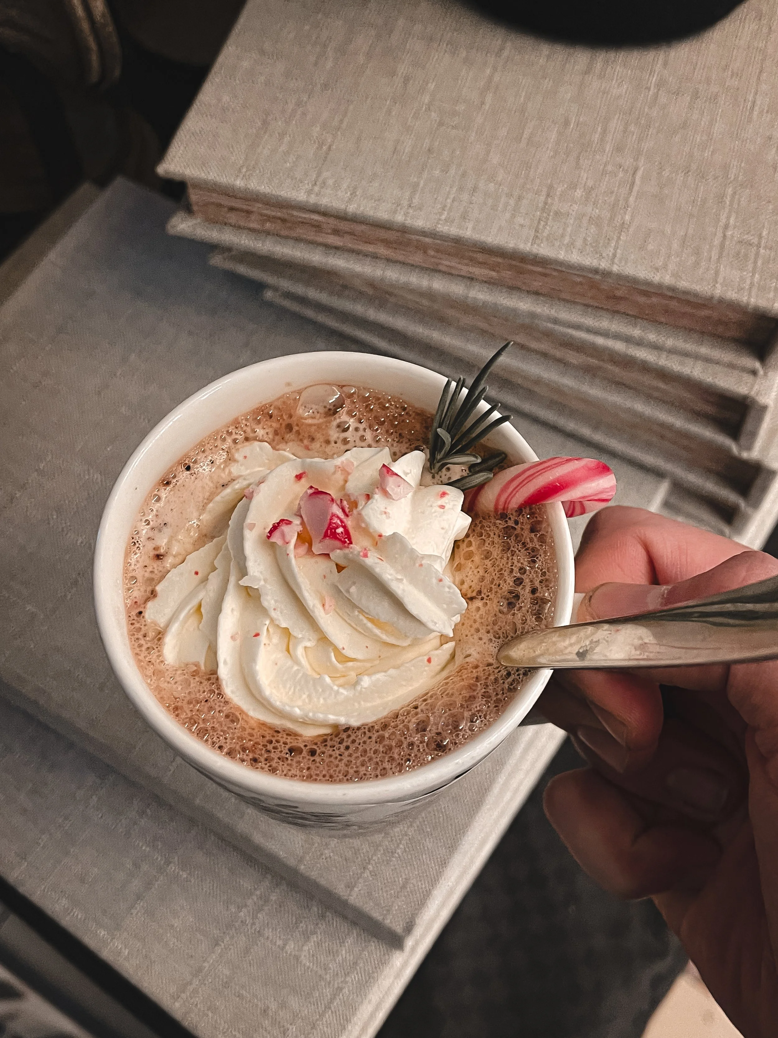 A hand holding a white mug filled with hot chocolate topped with whipped cream, red sprinkles, a peppermint stick, and a small rosemary sprig, with a spoon inside, on a table with gray upholstered chairs.