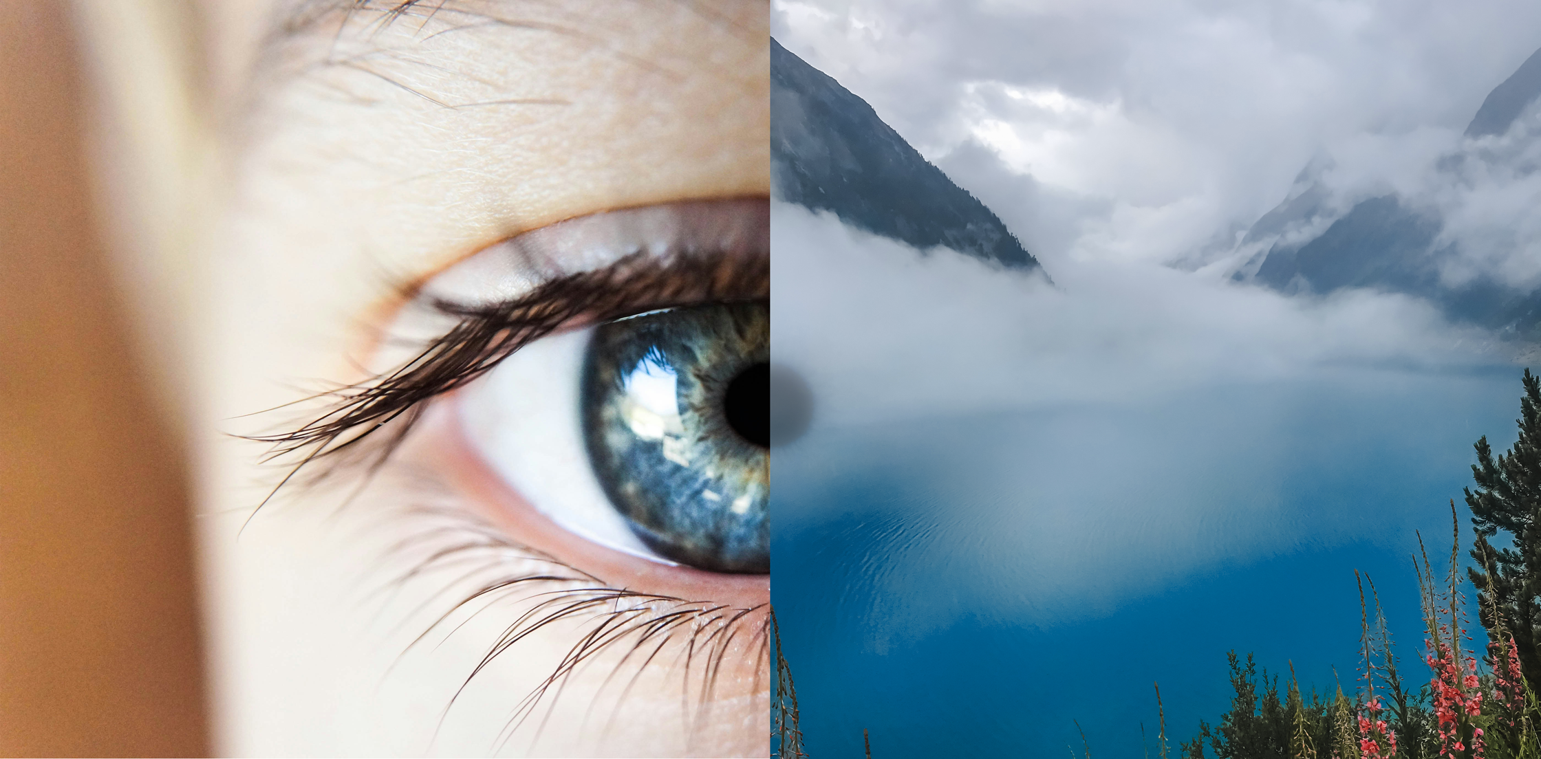 Close-up of a human eye on the left side and a scenic view of mountains, clouds, and a lake on the right side.