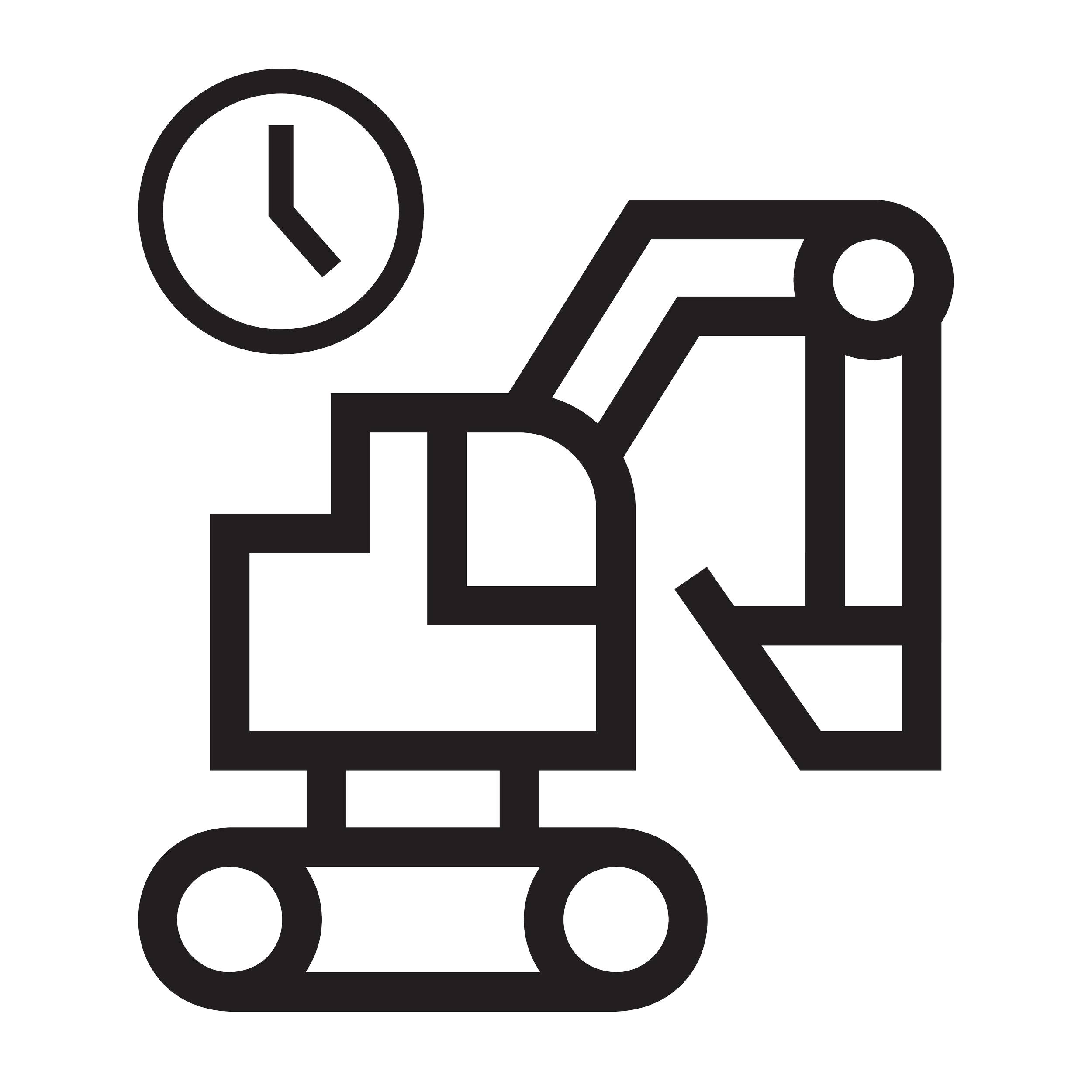 En svart og hvit skisse av et klokke-symbol, en hånd og et kjøretøy.