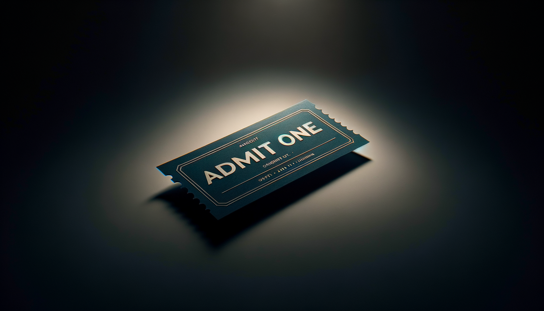 A blue ticket with the words "Admit One" printed on it, casting a shadow on a dark surface under a focused light.