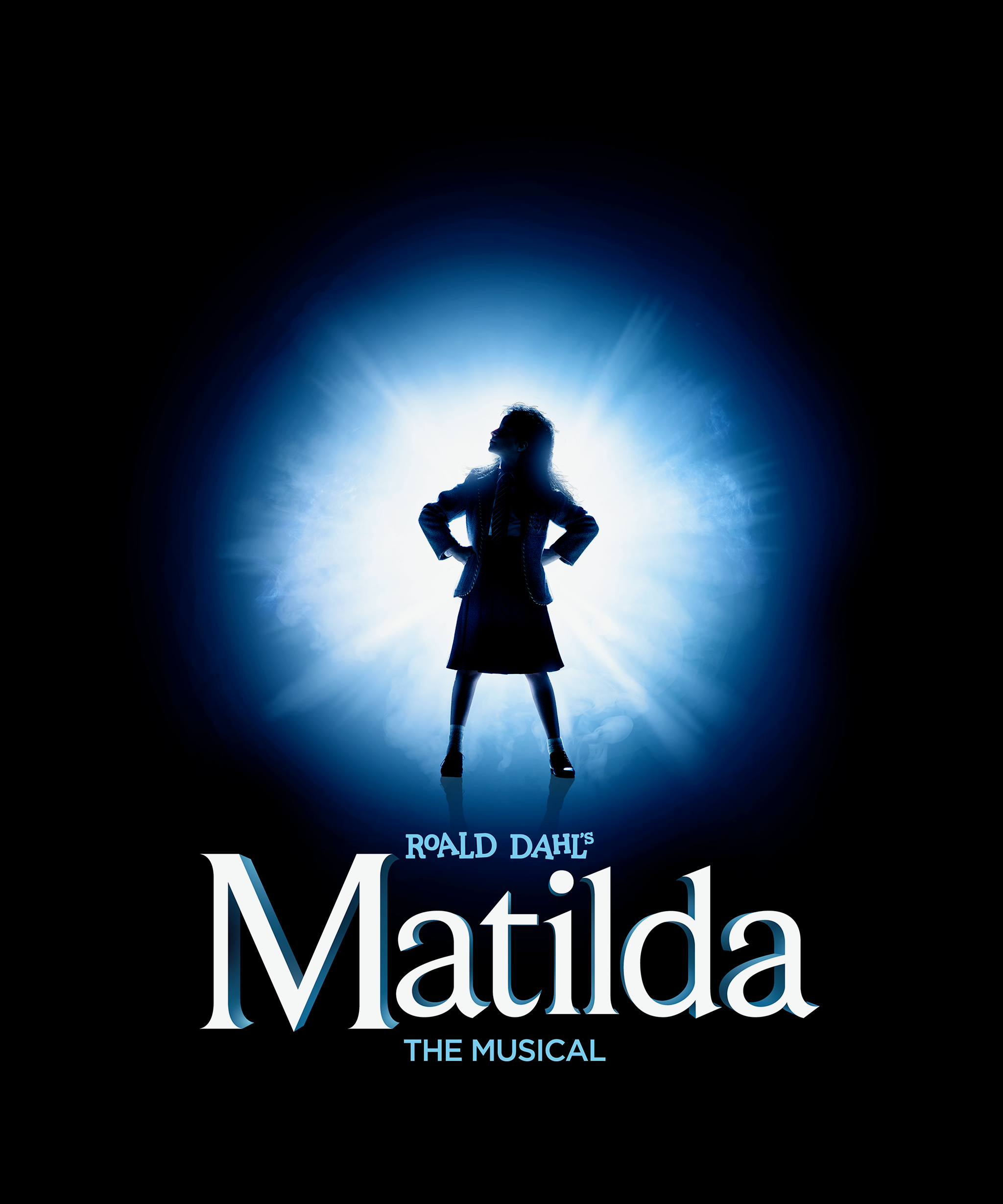 Matilda graphic in black, white, and blue featuring a little girl with her hands on her hips and the words Roald Dahl's Matilda The Musical.