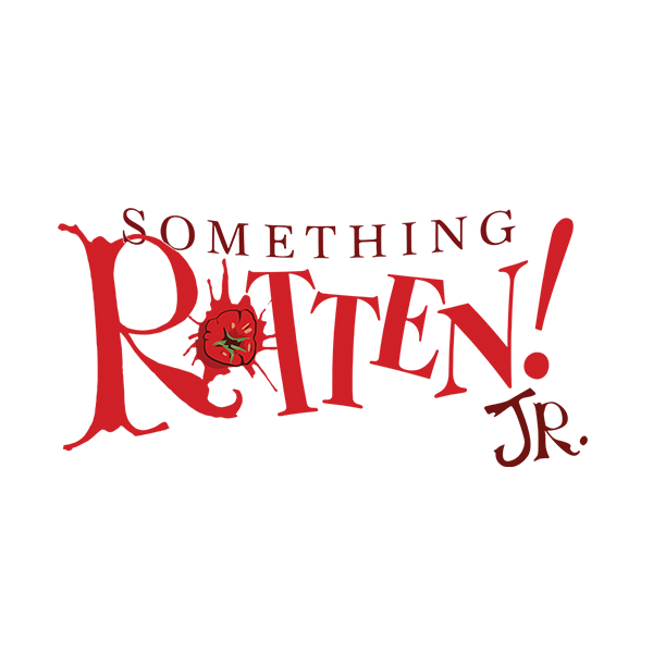 Logo for Something Rotten JR show featuring red text and a squished tomato.
