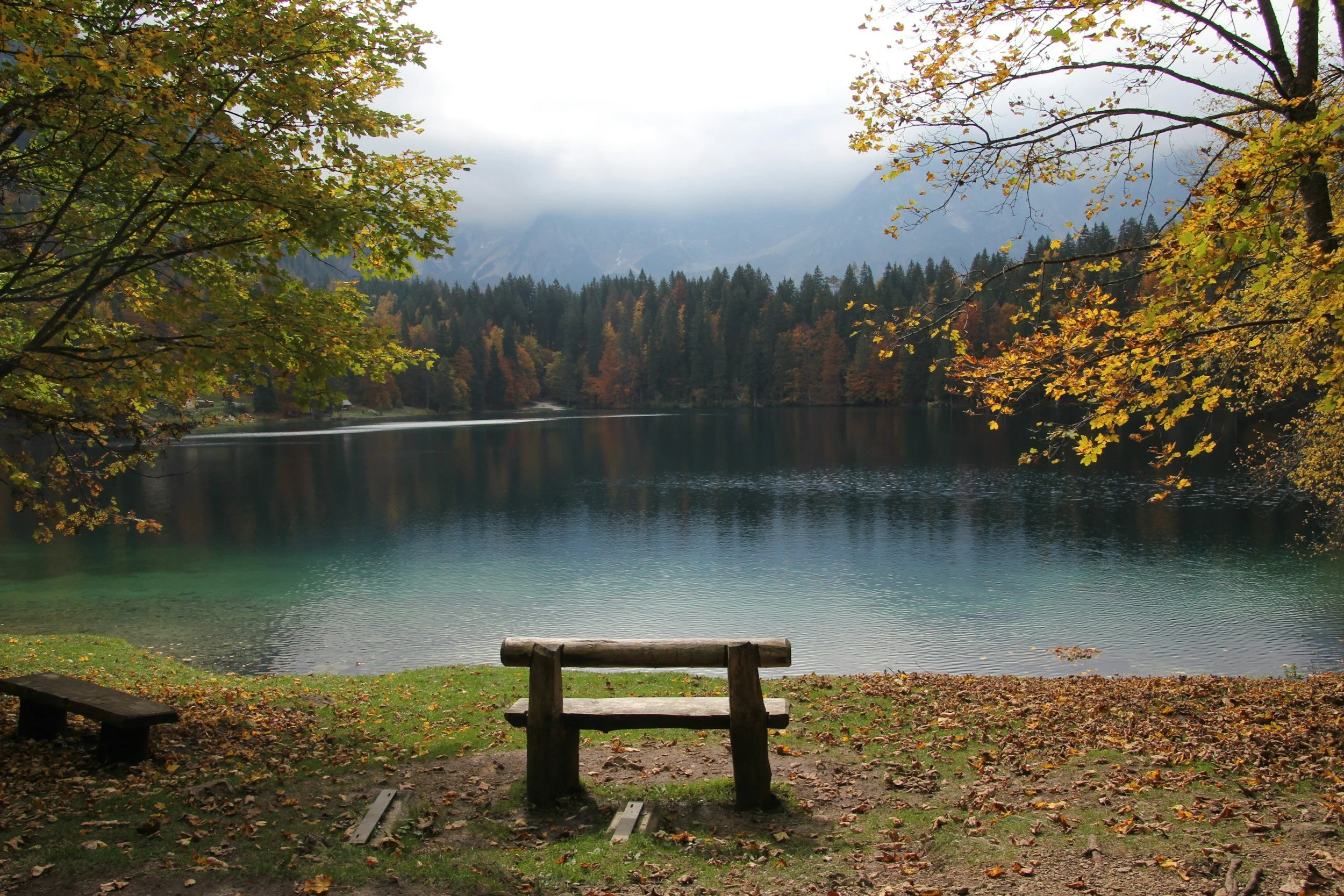 A serene lake with fall foliage on the trees surrounding it, mountains in the distance, and a bench and picnic table in the foreground.