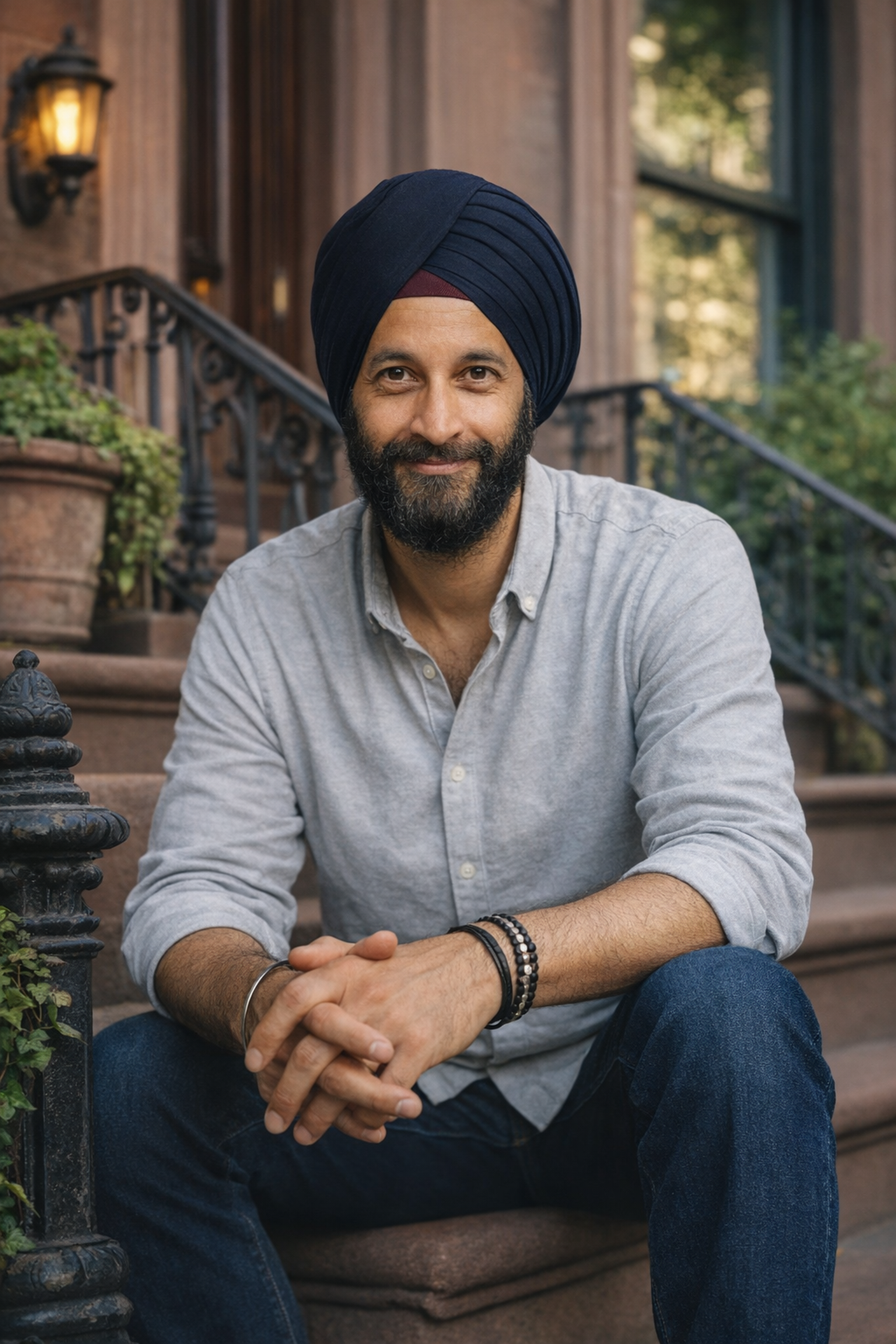A man sitting on outdoor steps, wearing a navy turban, gray button-up shirt, and blue jeans, with greenery and residential buildings in the background.