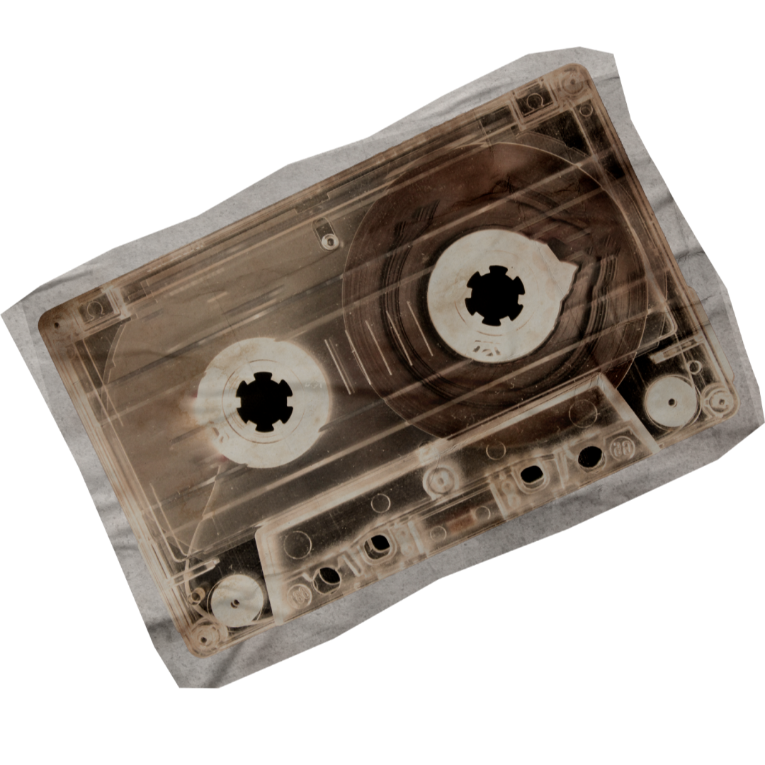 A transparent cassette tape with exposed magnetic tape reels and mechanical parts.