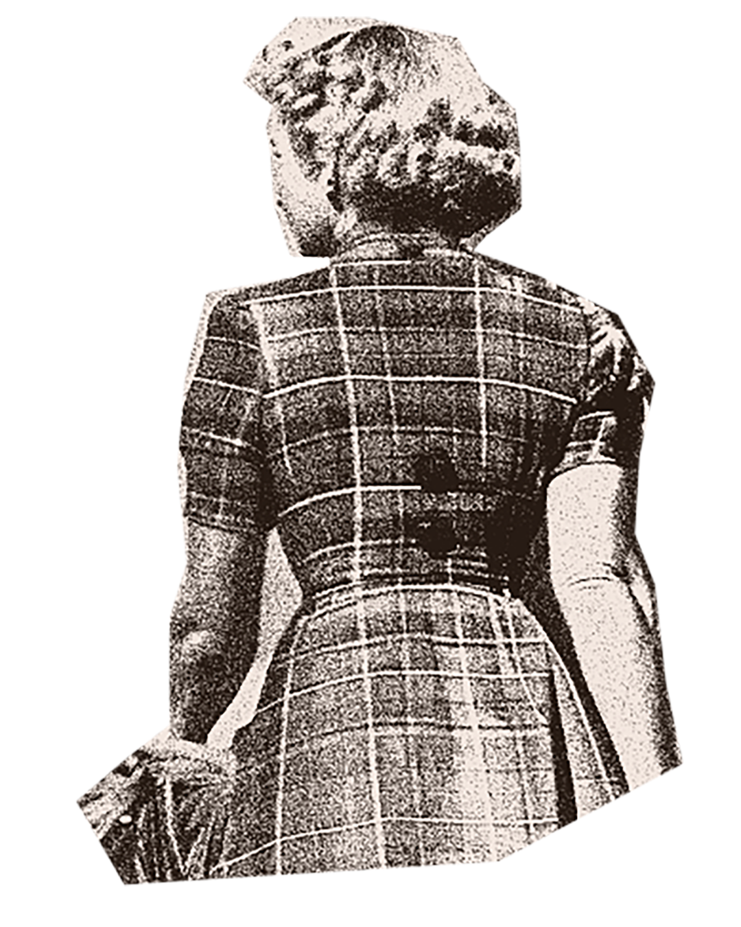 A stylized, black-and-white illustration of a woman with a bob haircut, wearing a checked dress with a high waist and a full skirt, facing away from the camera.