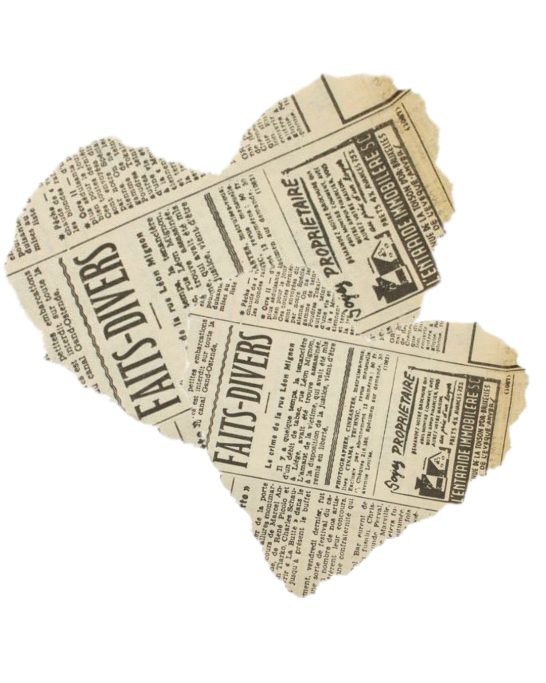 Piece of crumpled newspaper with French headlines about real estate and property sales.