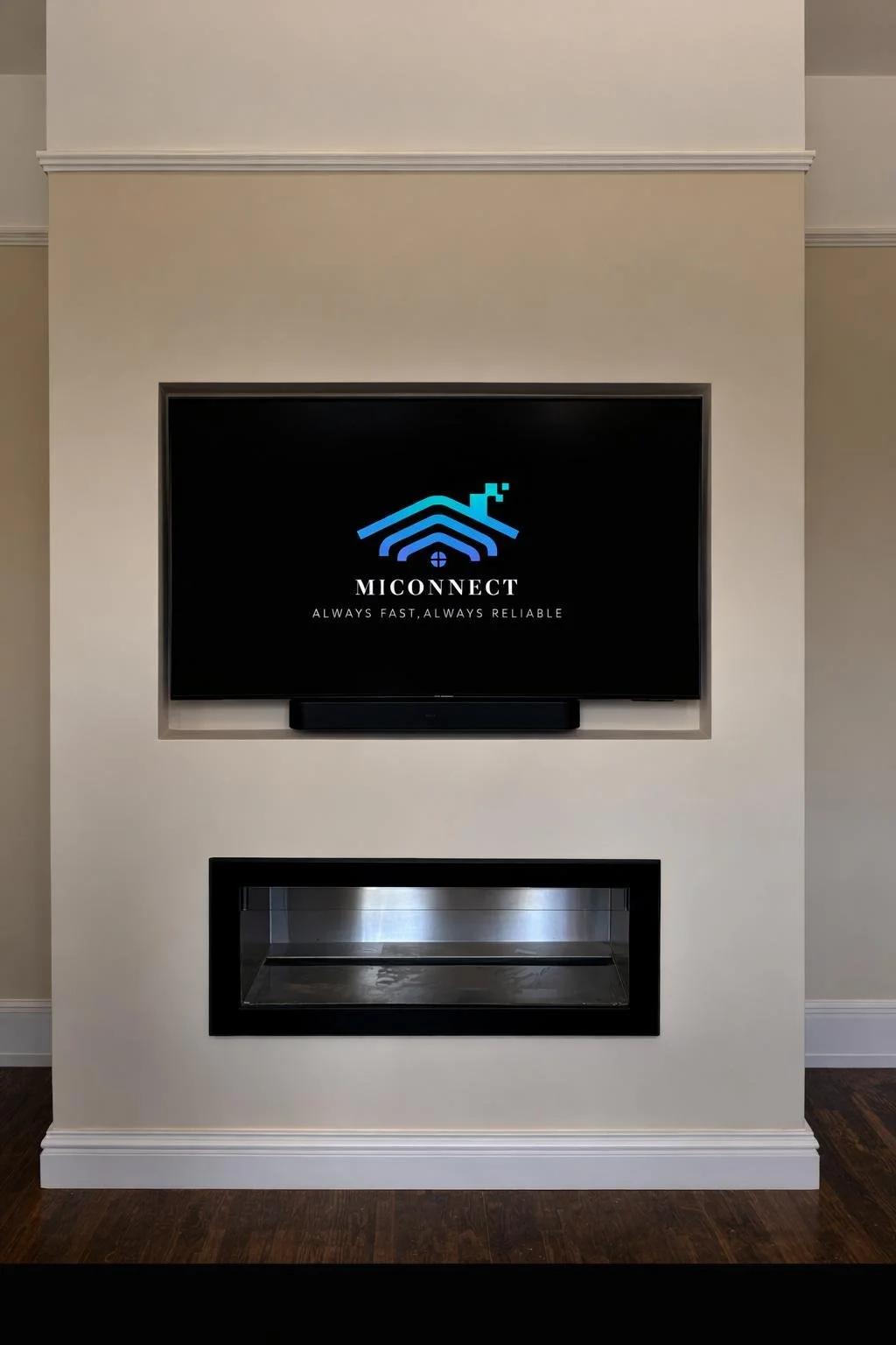 Living room wall with a mounted flat-screen TV displaying the logo and tagline of MICONNECT, with a modern fireplace below the TV.