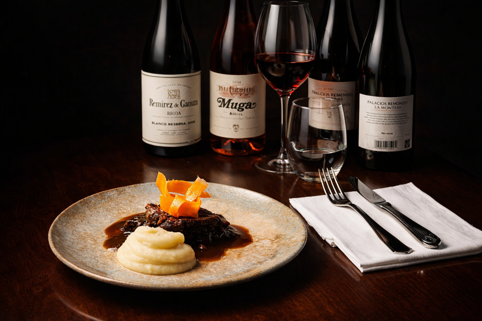 Fotografía gastronómica profesional de plato gourmet con vino para carta de restaurante en hondarribia