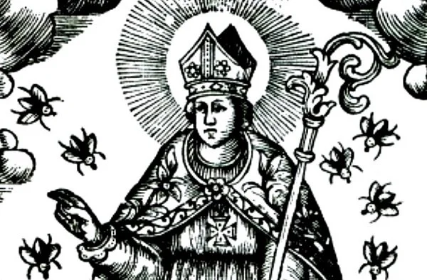 Line drawing of a religious figure wearing a crown and holding a staff, surrounded by bees and clouds.