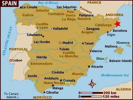 Girona marked with a red star on the map of Spain