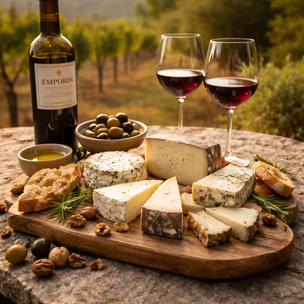 Assorted cheeses, a loaf of bread, green and black olives, a bowl of oil, two glasses of red wine, a bottle of wine, and some walnuts on a wooden board outdoors.
