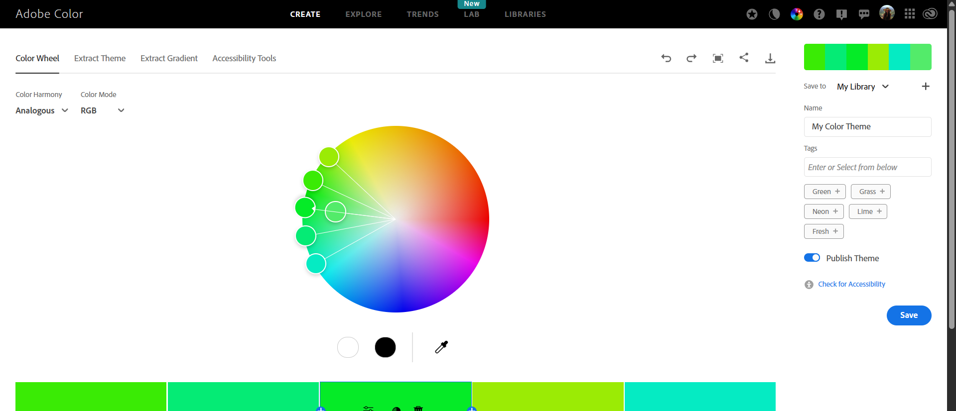 Adobe Color wheel tool showing a dynamic five-point color harmony selector