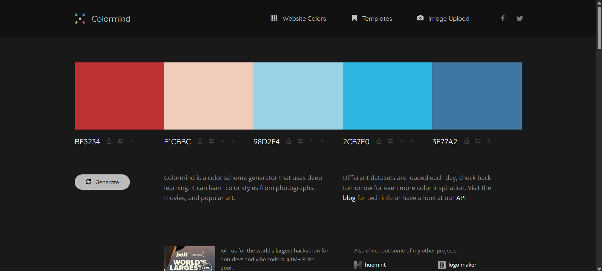Colormind AI-powered color palette generator with randomly generated swatches on a dark UI