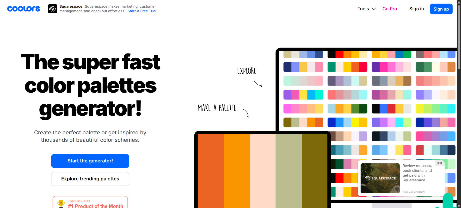 Coolors color palette generator interface showcasing five vibrant color blocks side by side
