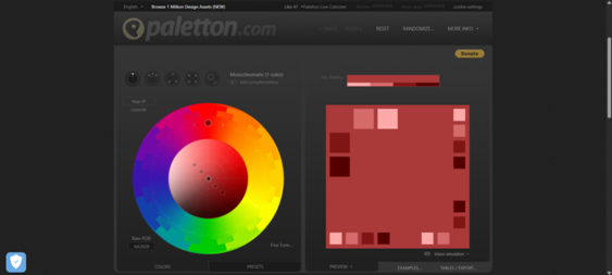 Paletton interactive color wheel with adjustable sliders and preview windows