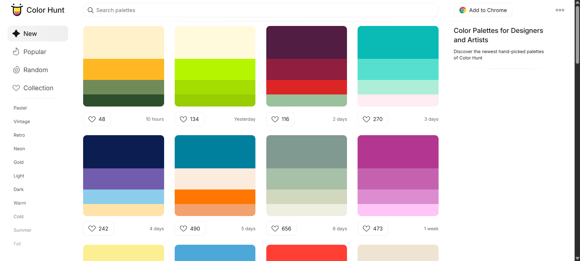 Color Hunt homepage displaying curated, modern color palette thumbnails in a grid layout