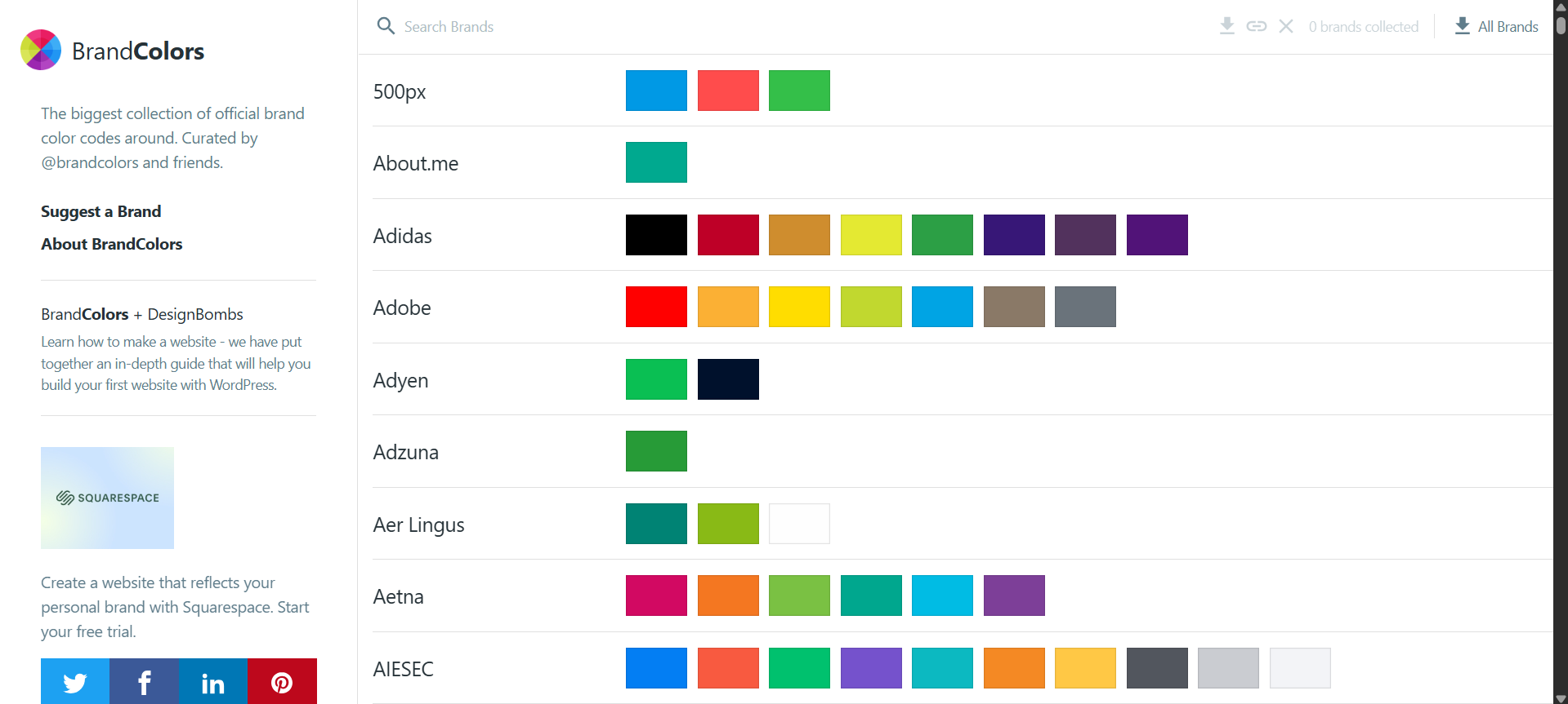 BrandColors site showing official color codes from popular global brands in a scrollable list