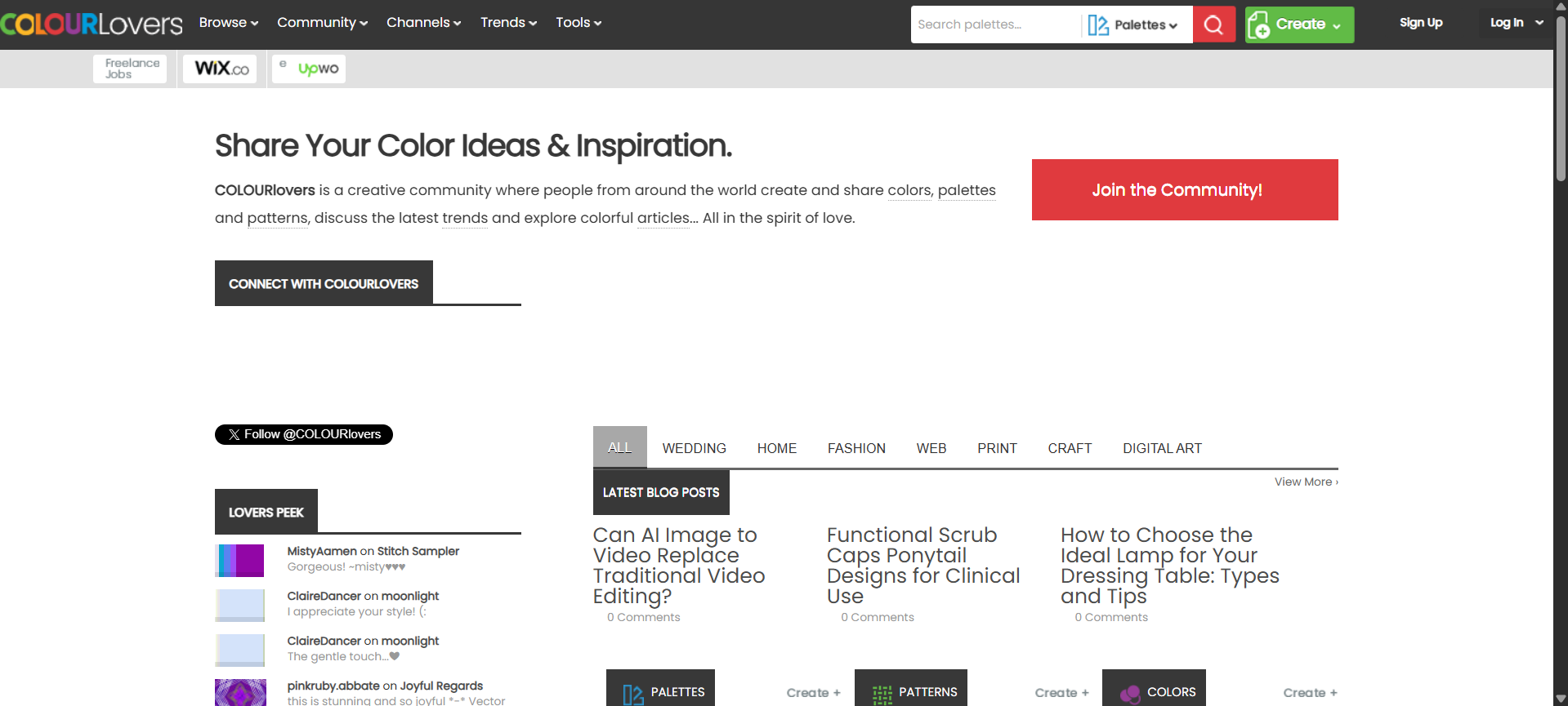 ColourLovers community platform with user-submitted palettes displayed in a ranking grid