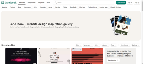 Extensive collection of strategic, high-converting landing pages and homepages on Land-Book