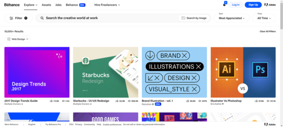 Professional creative portfolios featuring branding, UI/UX, and Squarespace-style web design on Behance