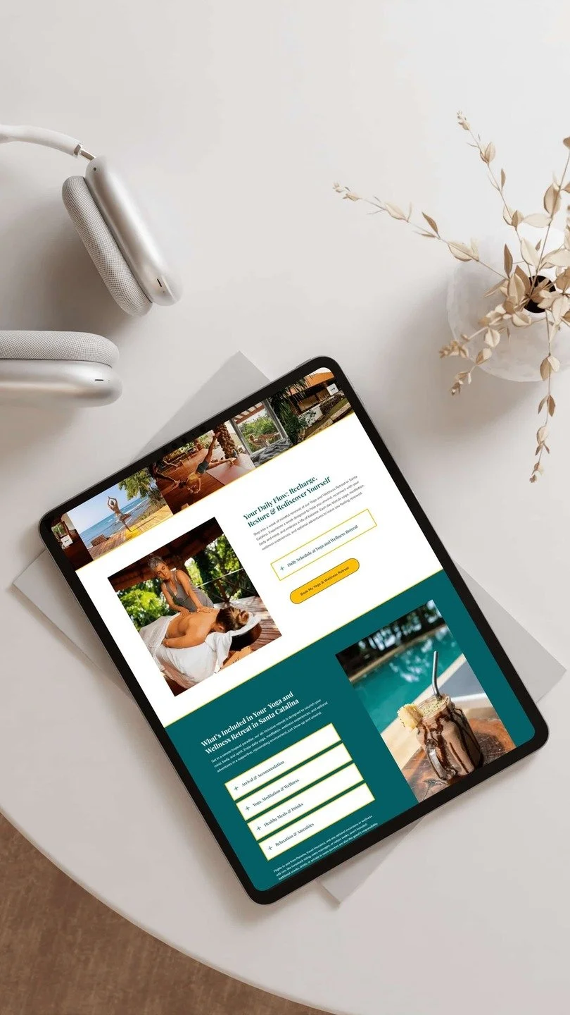 Strona Squarespace dla retreatu surf i joga z systemem rezerwacji i doświadczeniami wellness