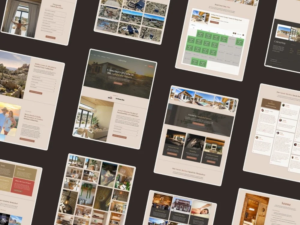 Wellness travel website design Squarespace for CalmaStay desert sanctuary with architectural storytelling, spa amenities and booking-focused experience
