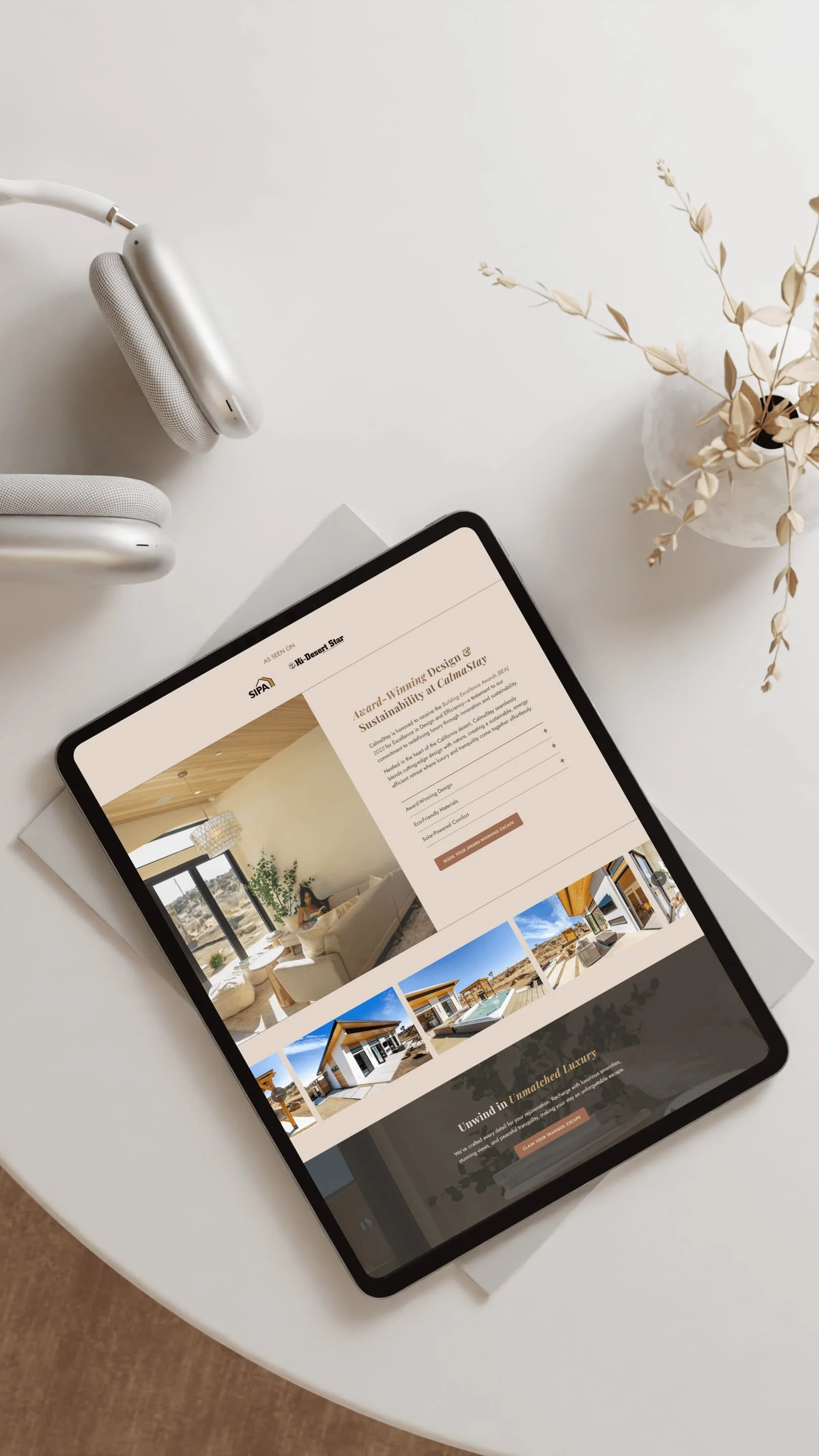 Luxury desert retreat website design Squarespace for CalmaStay California showcasing wellness experiences, architecture and immersive booking experience