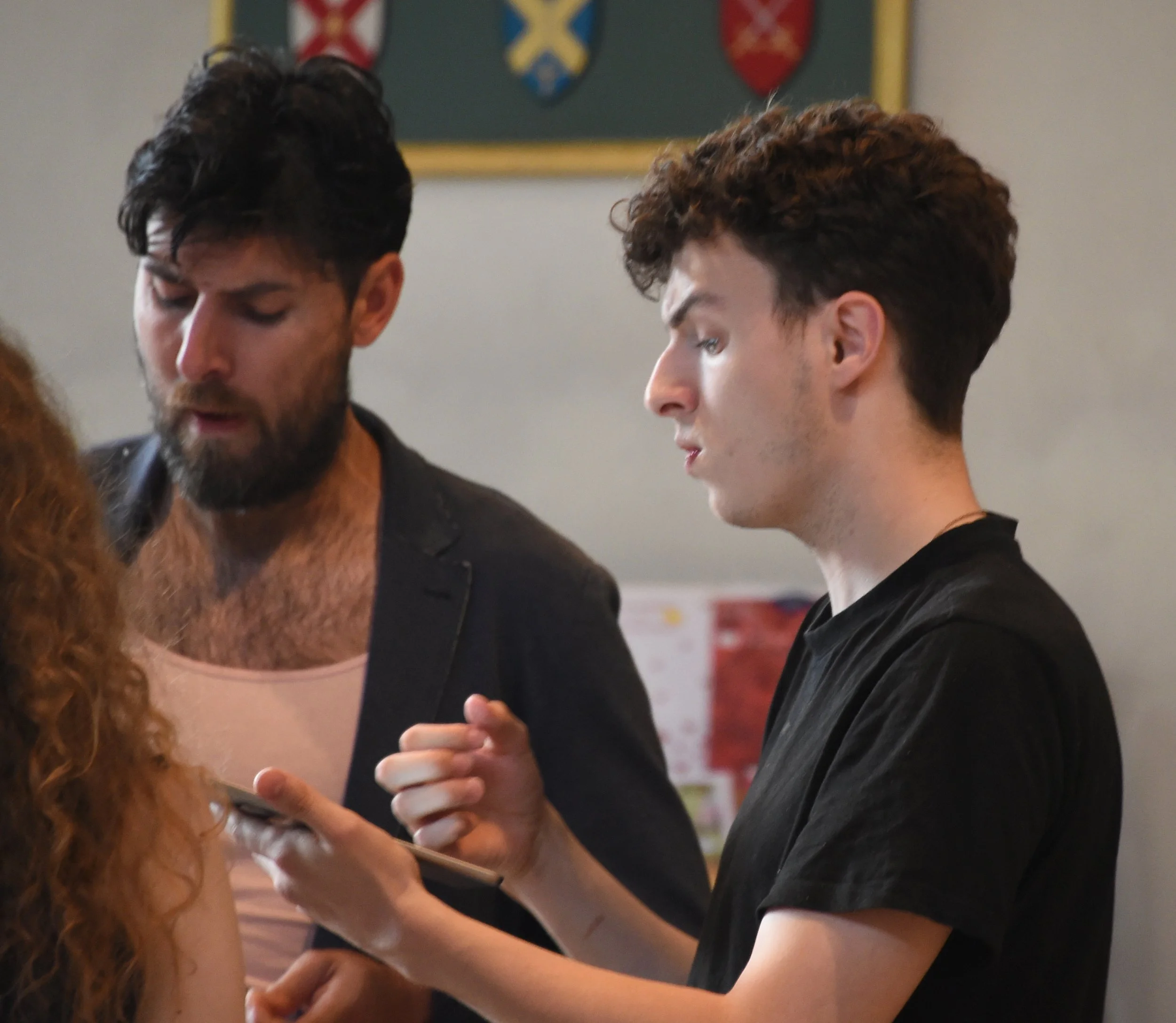 Two young men with dark wavy hair and light skin, one with a beard, looking at a smartphone held by a person with curly red hair, indoors with a framed painting of heraldic shields in the background.
