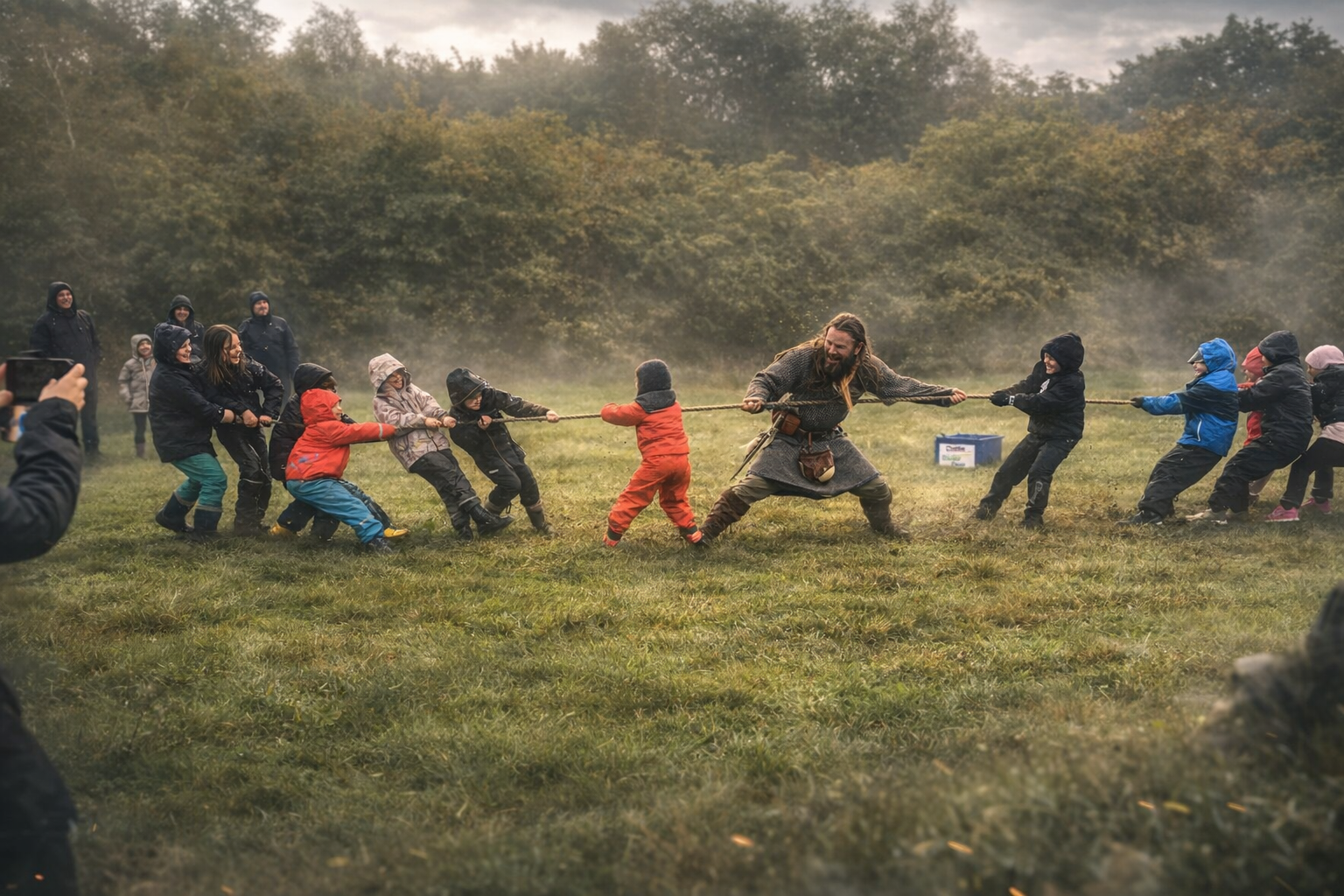 People participating in a tug-of-war game outdoors on a grassy field during a cool or rainy day, with trees in the background.