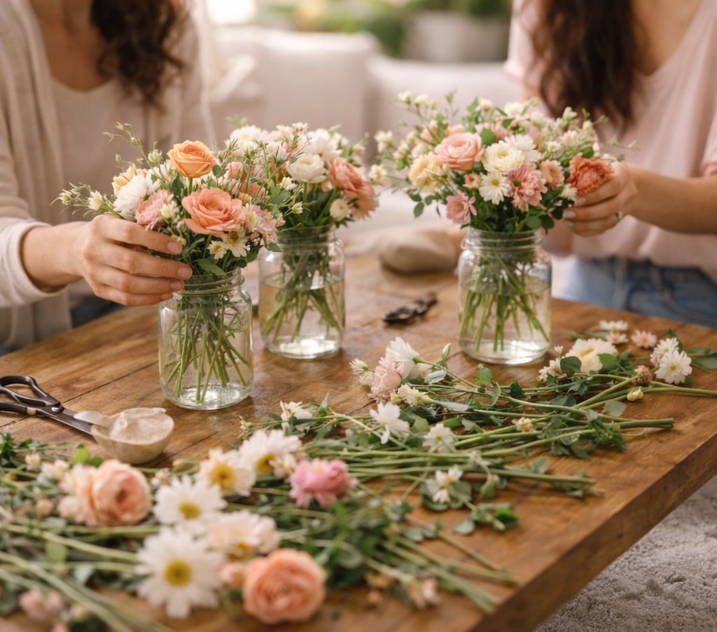 Two women arranging flower bouquets in mason jars on a wooden table. Flowers include pink roses, white daisies, and other seasonal blooms, with additional flowers and foliage spread across the table.