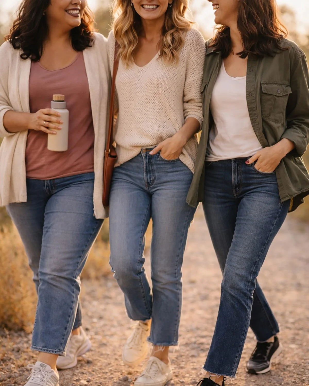 Three women walking outdoors, smiling, dressed in casual clothing with jeans and jackets, enjoying a sunny day.