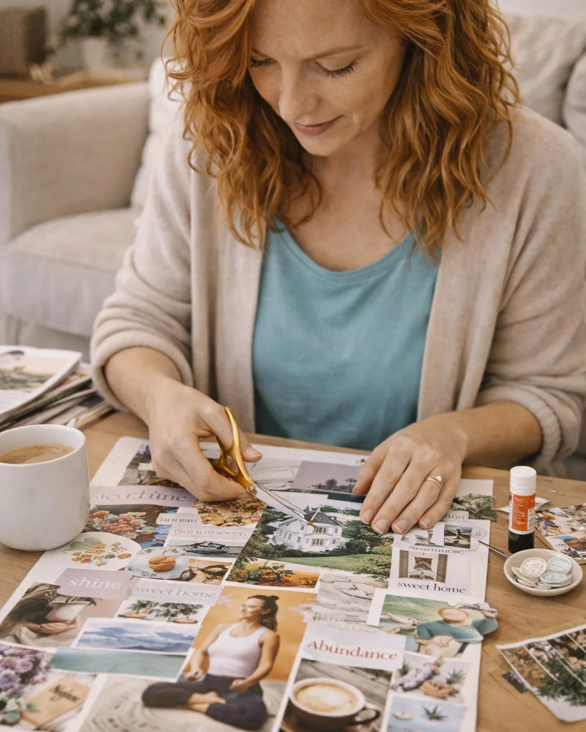 A woman with red curly hair and a beige cardigan over a turquoise shirt is cutting out images from a collage on a table. The collage includes pictures of a house, a woman practicing yoga, a cup of coffee, and various words like 'shine,' 'sweet home,' and 'abundance.' There are also magazines, glue, scissors, and a coffee mug on the table.