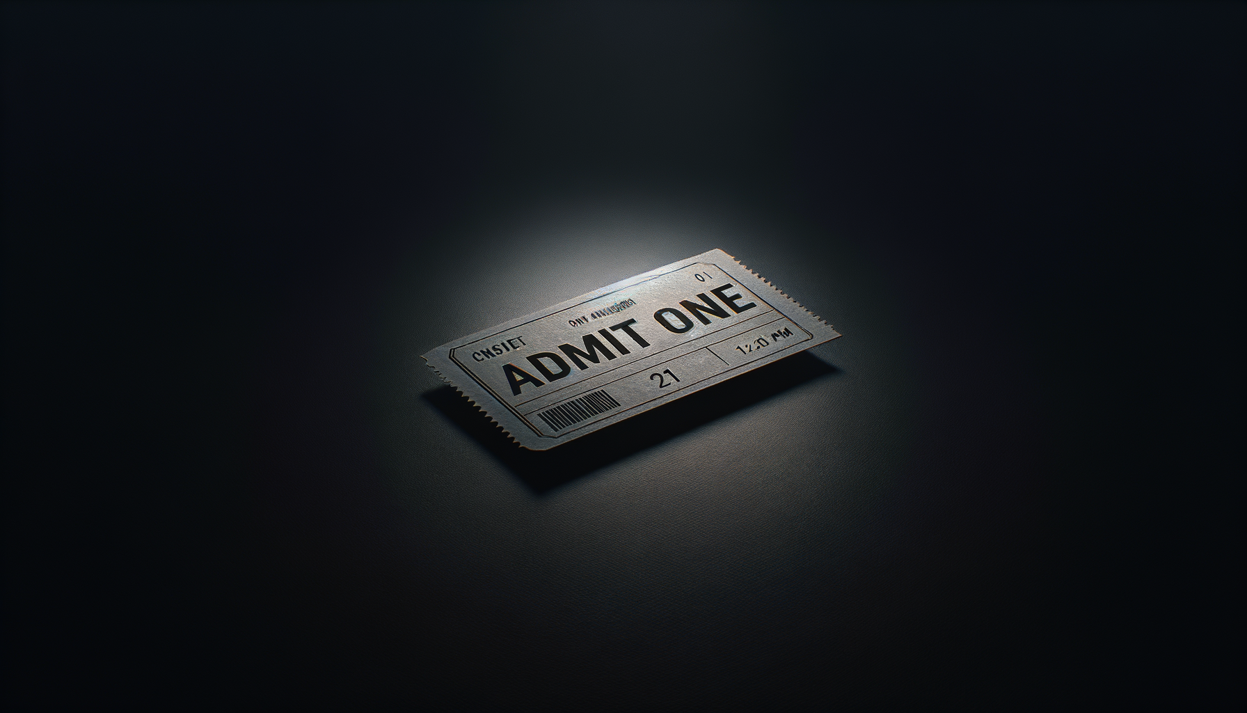 A movie ticket with 'Admit One' printed on it, placed on a dark surface with a spotlight shining on it.