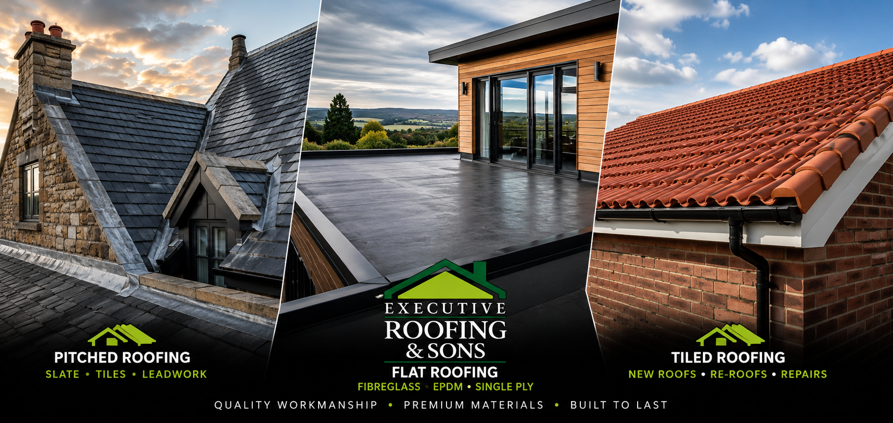Collage of three roof types showing pitched, flat, and tiled roofing. The left roof is slate and leadwork, the middle roof is a flat roof with wood paneling, and the right roof is red tiled. Text overlays advertise roofing services including slate, tiles, leadwork, flat roofing, fiberglass, EPDM, single ply, re-roofs, repairs, and new roofs.