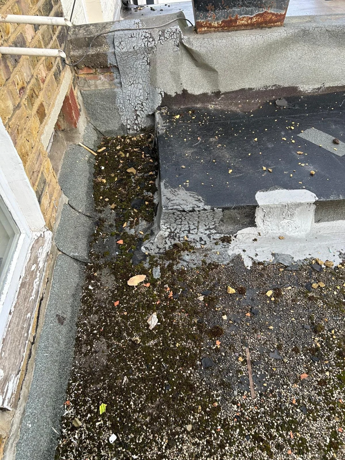 A close-up of a building's edge showing cracked and peeling paint on the brick wall and a weathered concrete surface with moss, dirt, and debris along the ground.