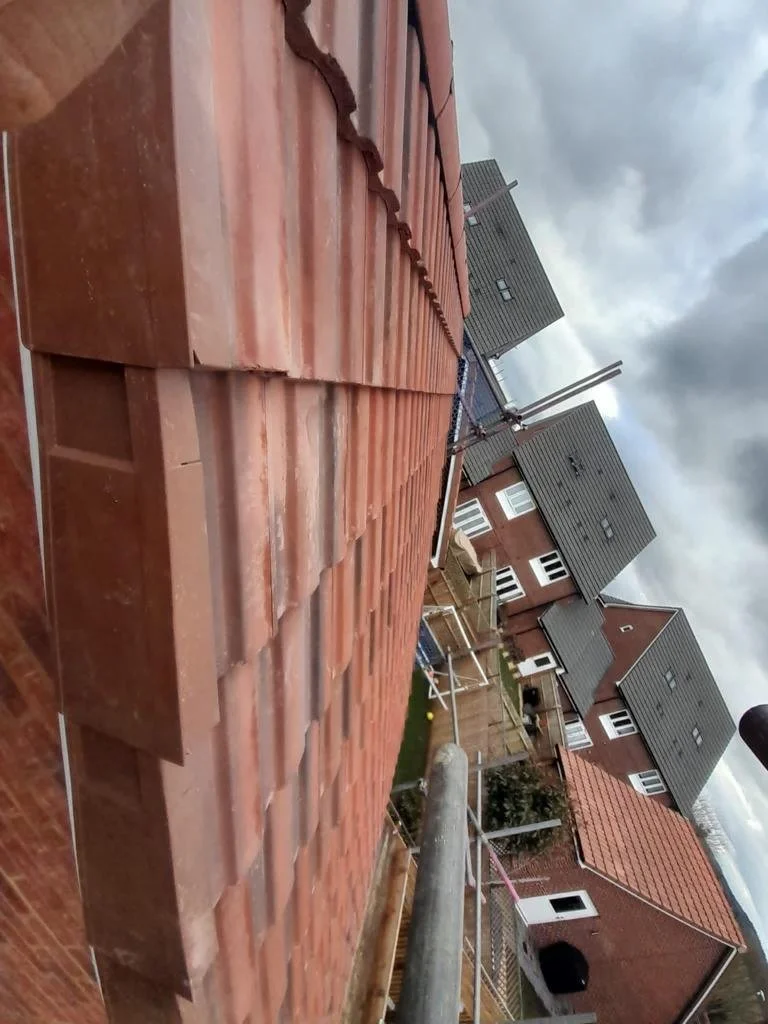 View of a residential rooftop with red clay tiles, neighboring houses with gray and red roofs, a cloudy sky, and construction scaffolding in the foreground.
