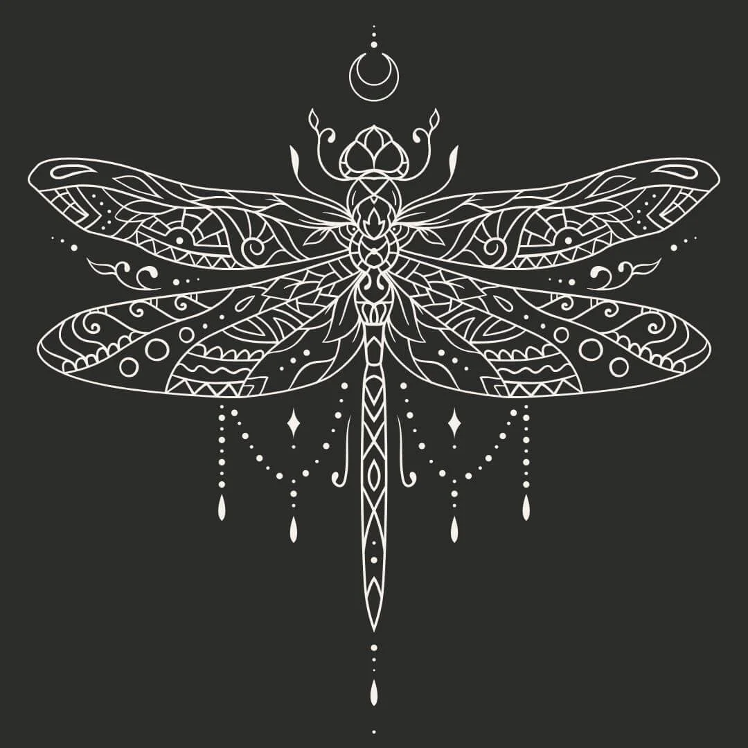 Intricate white line drawing of a dragonfly with decorative patterns, hanging crystals, and a crescent moon above on a dark background.