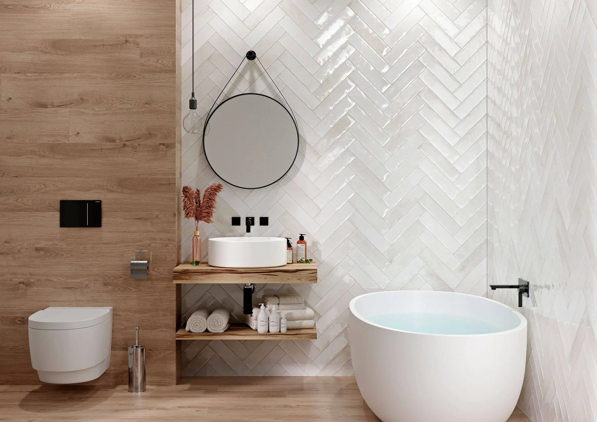Salle de bain moderne avec une baignoire, un lavabo rond sur une étagère en bois, un miroir rond, un mur en carreaux de marbre blanc en disposition en chevron, un mur en bois à gauche, un miroir suspendu, et des accessoires de salle de bain et servie