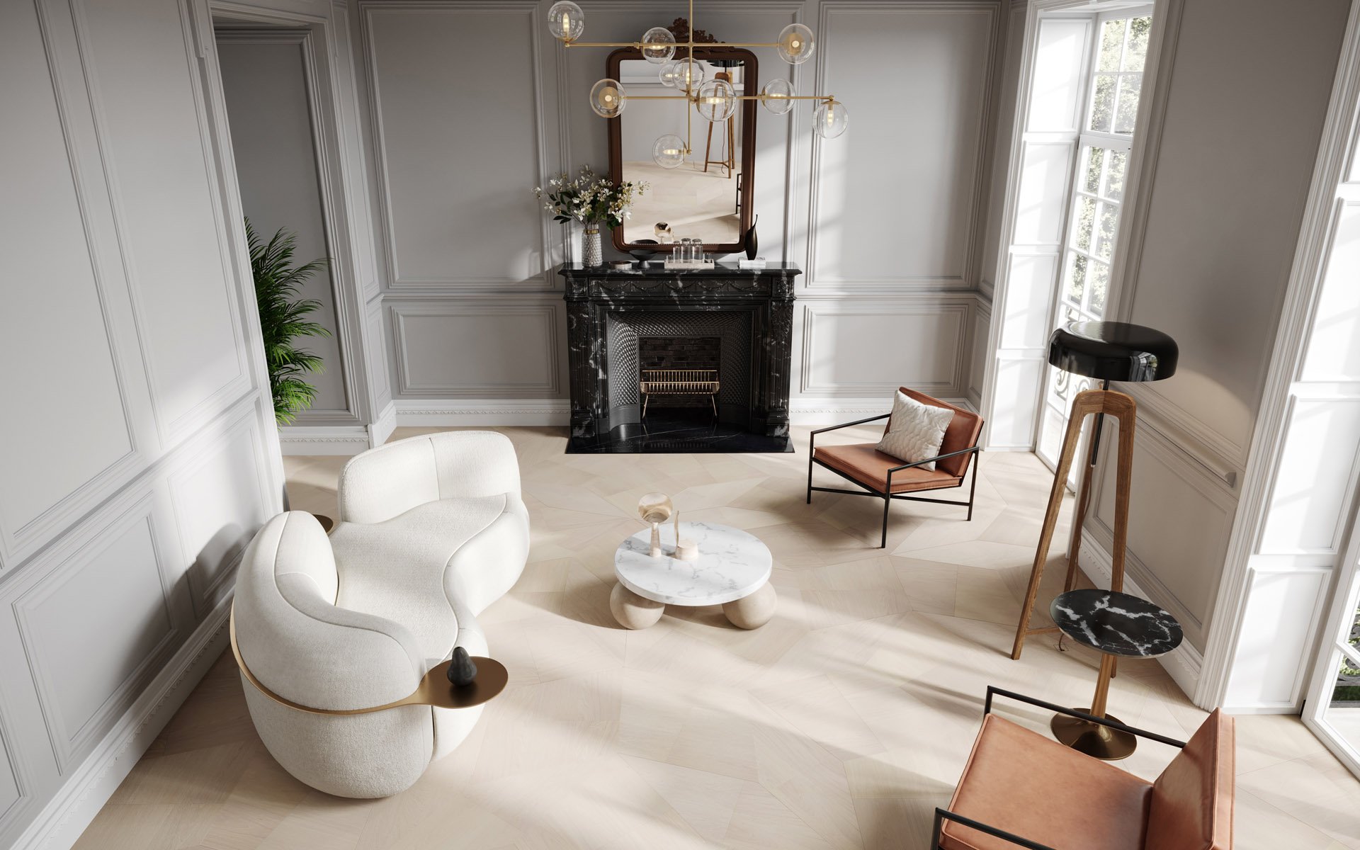 Salon élégant avec un canapé blanc moderne, une table basse en marbre, un fauteuil en cuir marron, un cheminée en marbre noir, une grande lampe design en bois et marbre, une cheminée en marbre noir, et une grande fenêtre laissant entrer la lumière na