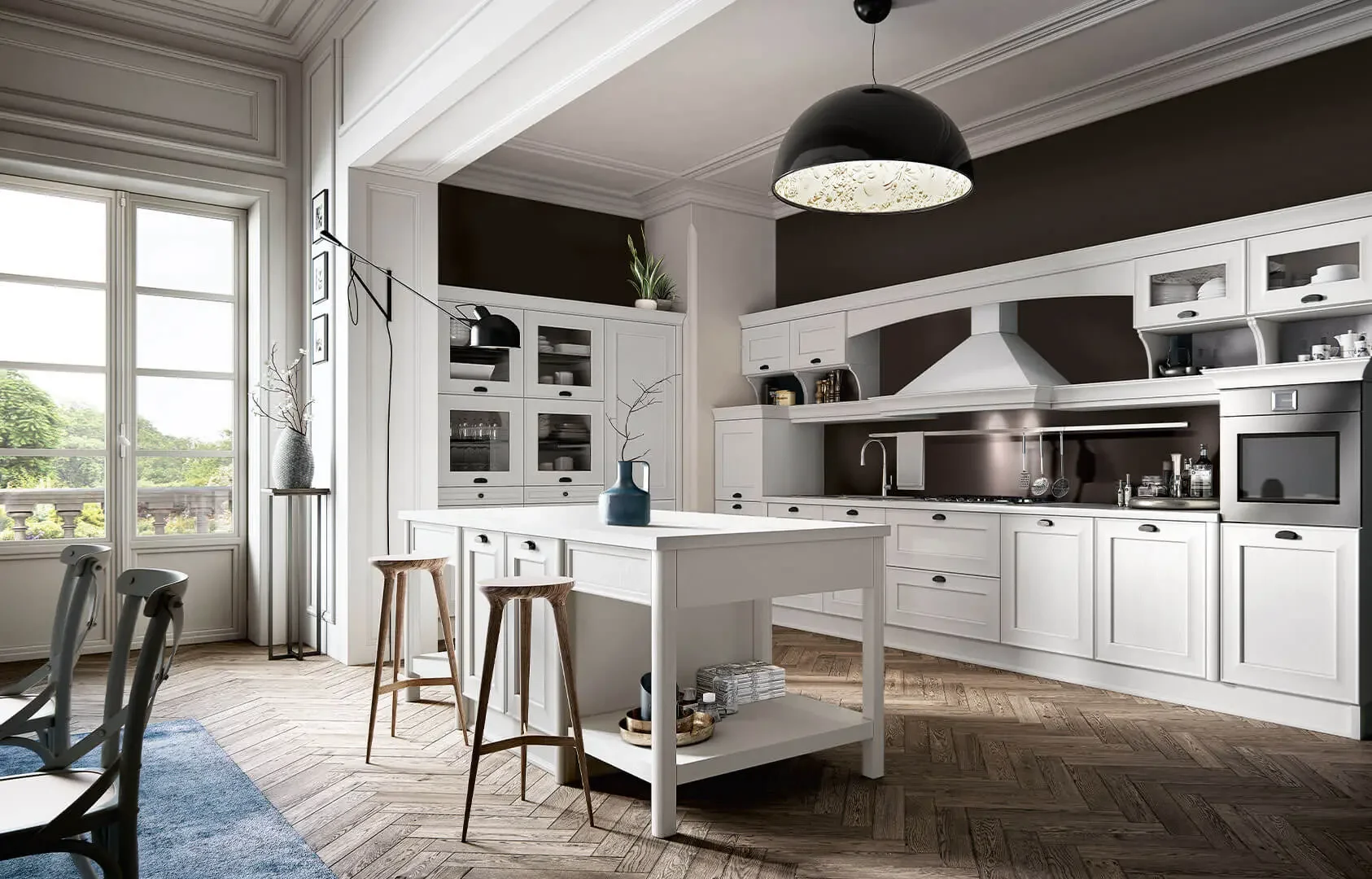 Cuisine moderne avec armoires blanches, un îlot central, une cheminée, grands fenêtres laissant entrer la lumière, décor minimaliste et plancher en bois.