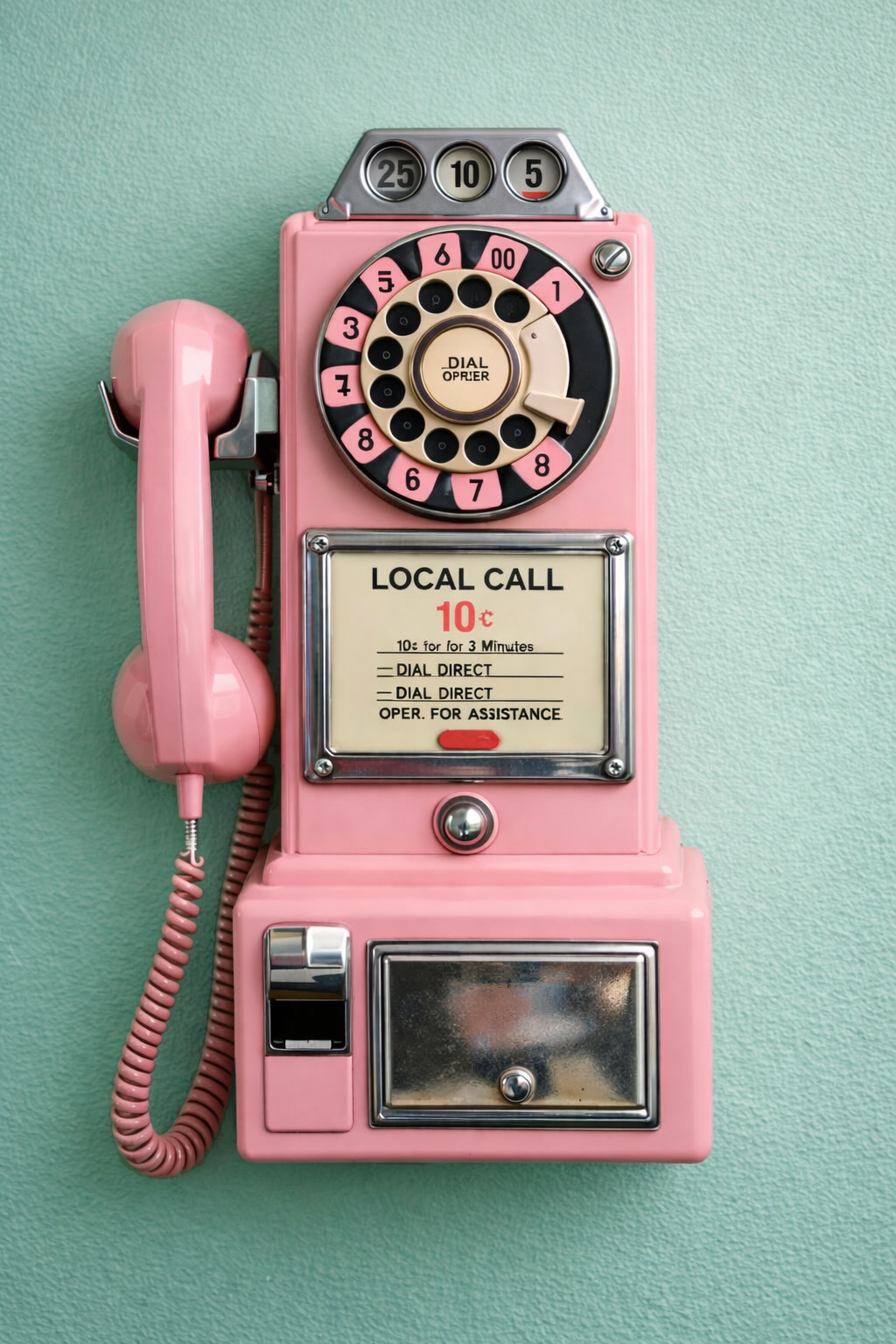 A pink vintage payphone mounted on a green wall.