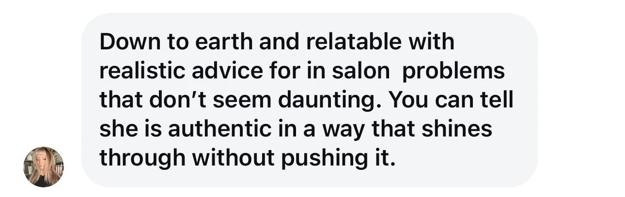 Hairstylist client testimonial sharing real results from energy coaching and support behind the chair