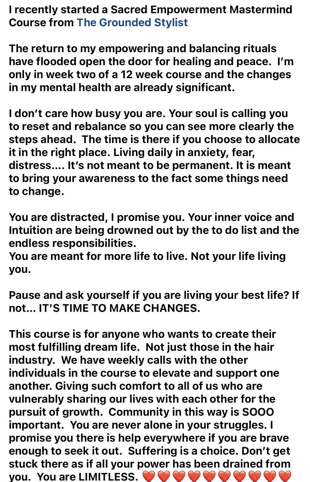 Client testimonial from energy coaching experience helping women and stylists feel more aligned and supported