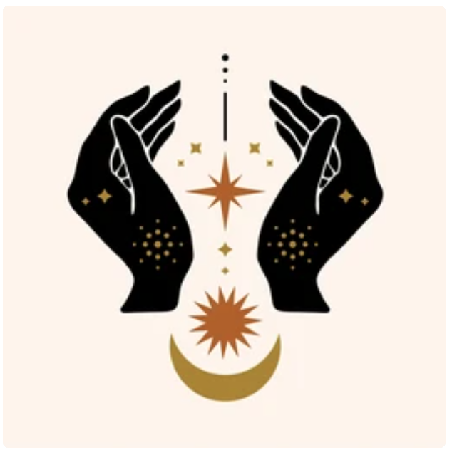 Two black hands with gold decorative patterns surrounding a star, moon, and dots, set against a light background.