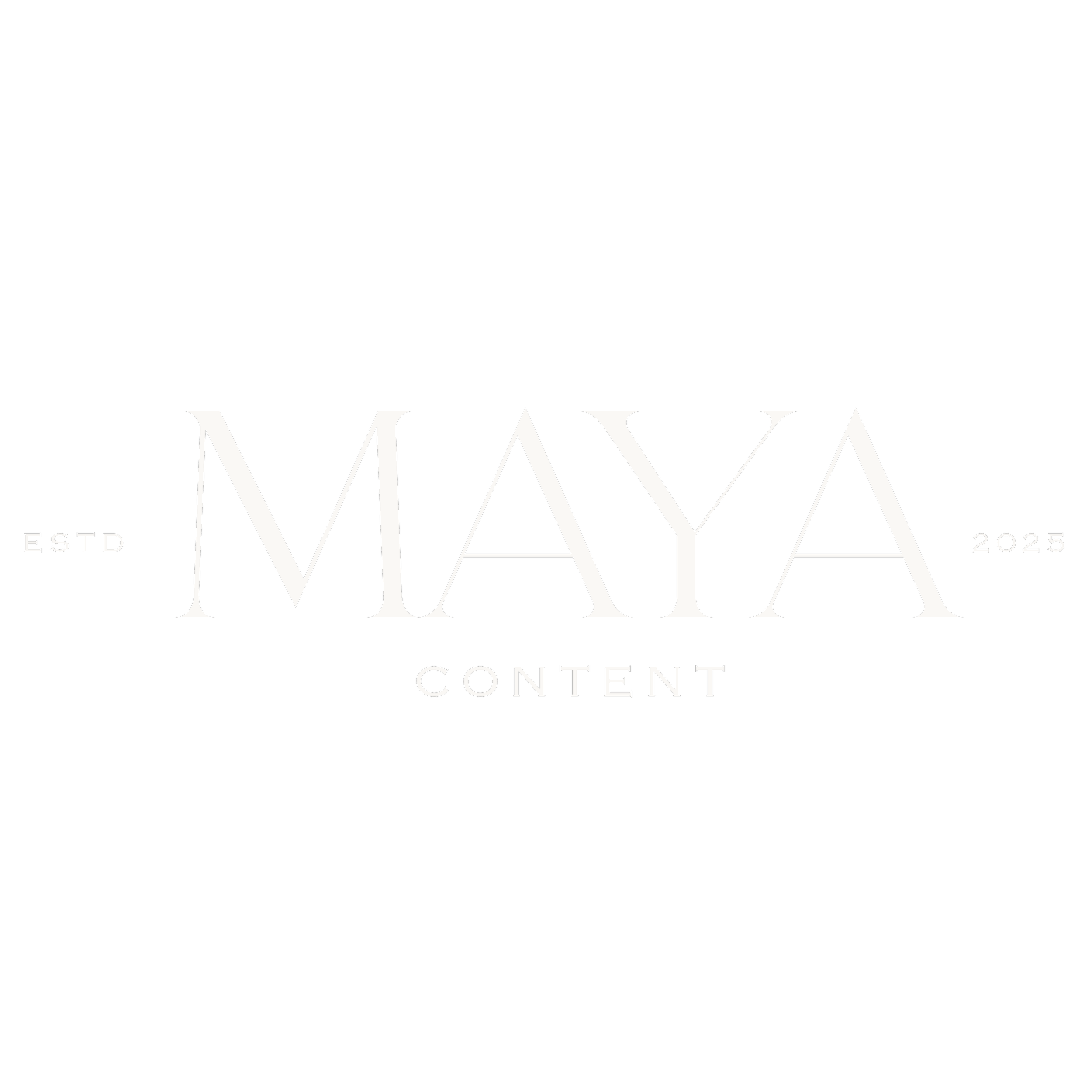 Black background with large white text reading 'MAYA'. Smaller text reading 'ESTD 2025' and 'CONTENT' at the bottom.