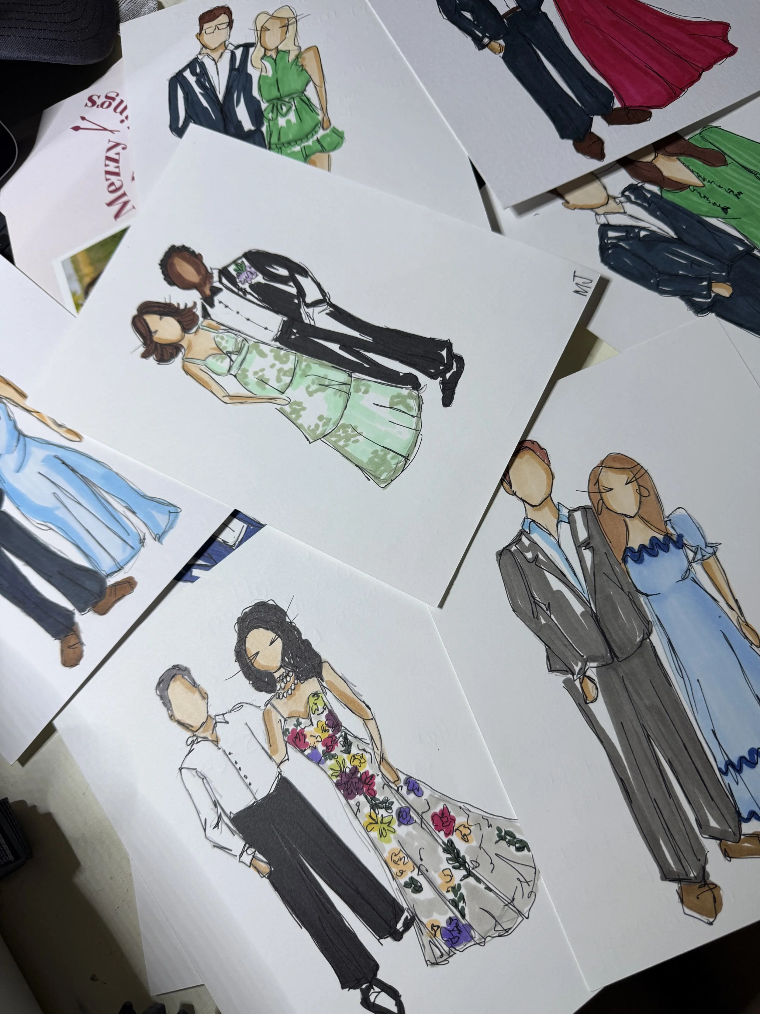 Sketches or illustrations of wedding guests.