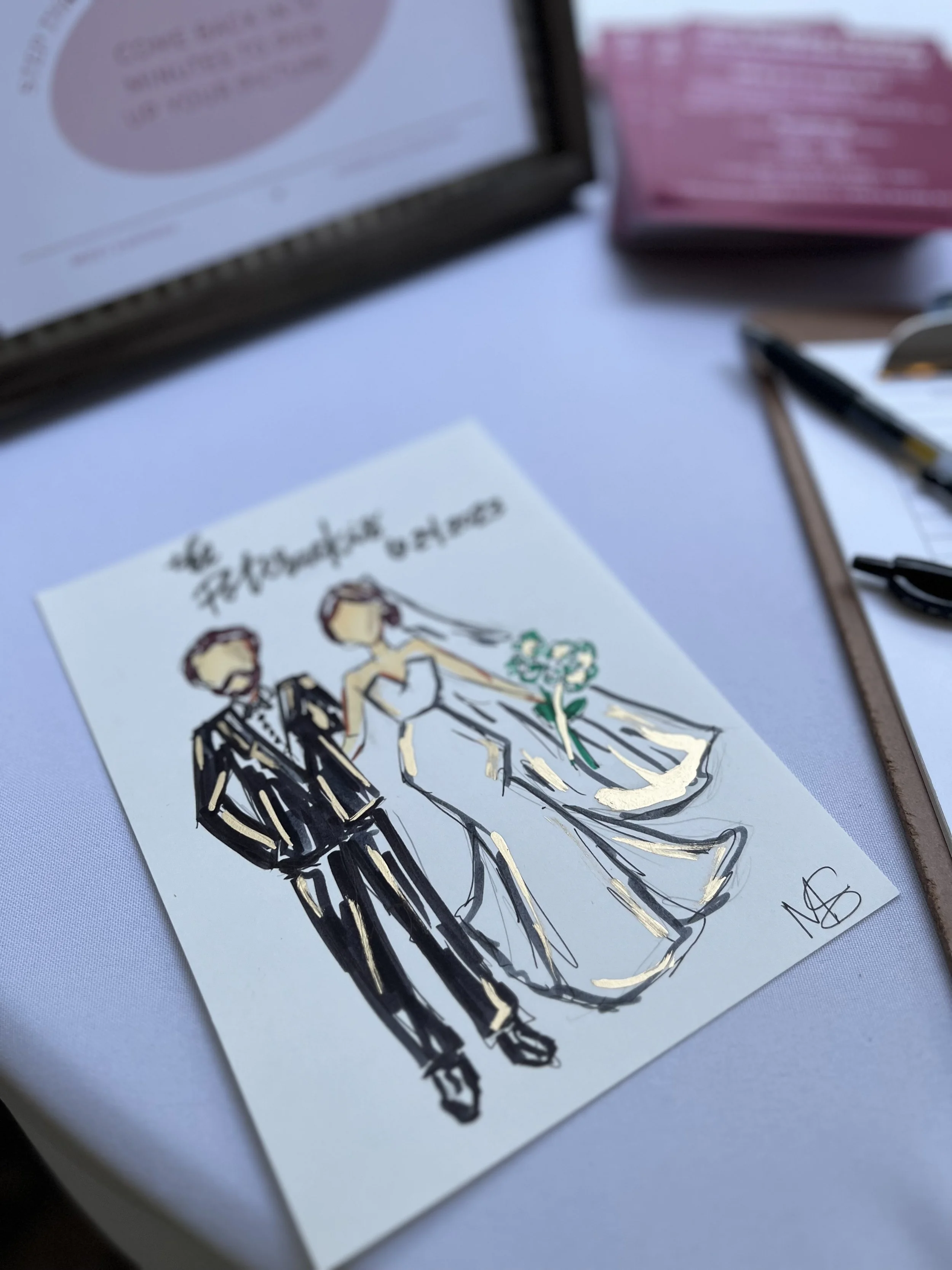 Hand-drawn sketch of a bride and groom in wedding attire. Guest sketches for weddings