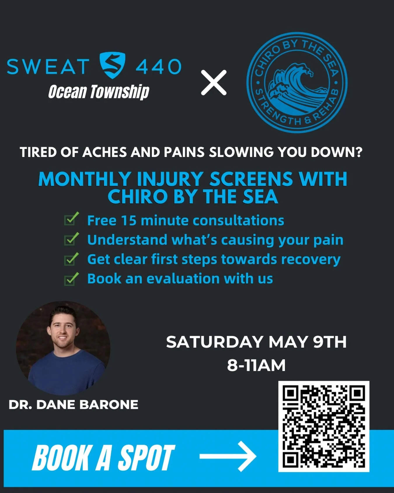 Yo @sweat440oceantownship !

I&rsquo;m back this Saturday for another round of Injury Screens, free consults and free recovery work. 

Come chat and let&rsquo;s find out what&rsquo;s driving the symptoms that are limiting your workouts and leave with