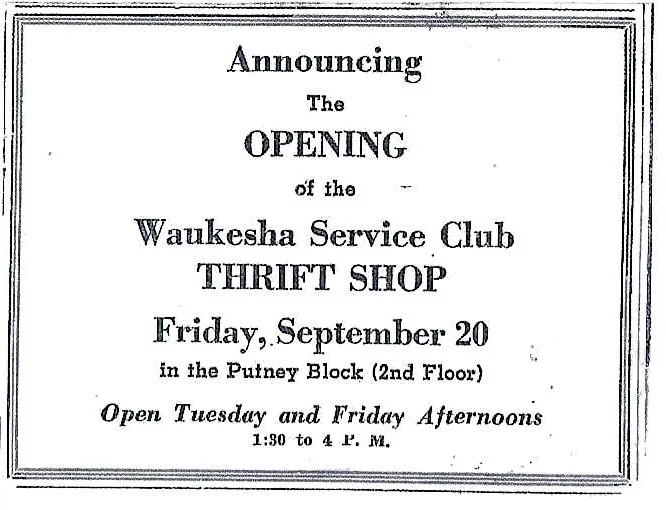 Announcement for the opening of Waukesha Service Club Thrift Shop on September 20, 1934.